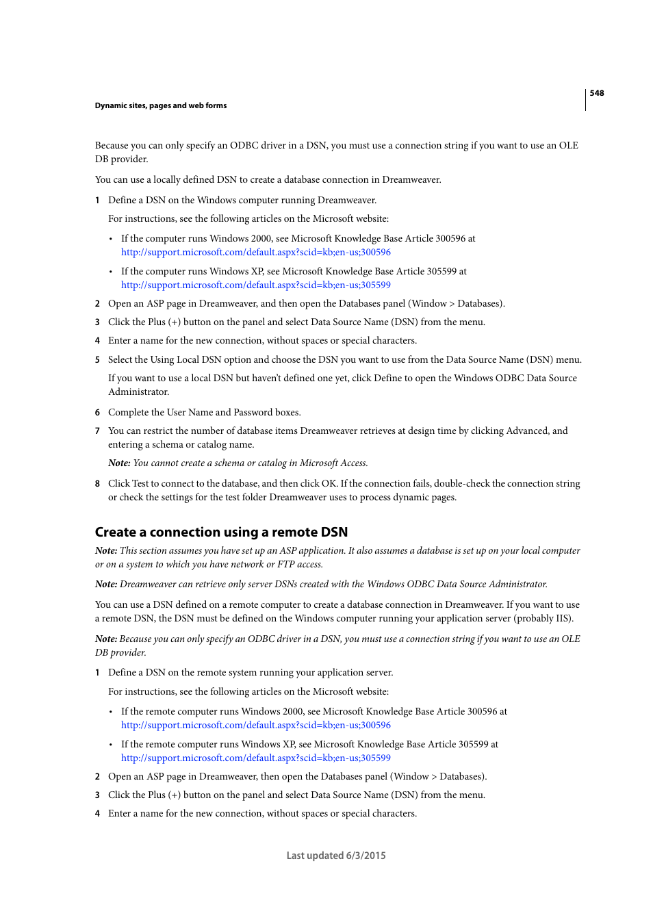 Create a connection using a remote dsn | Adobe Dreamweaver CC 2015 User Manual | Page 555 / 700