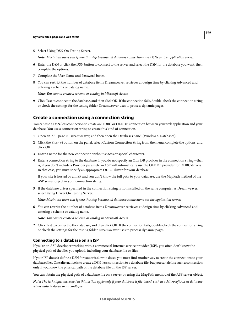 Create a connection using a connection string, Connecting to a database on an isp | Adobe Dreamweaver CC 2015 User Manual | Page 556 / 700