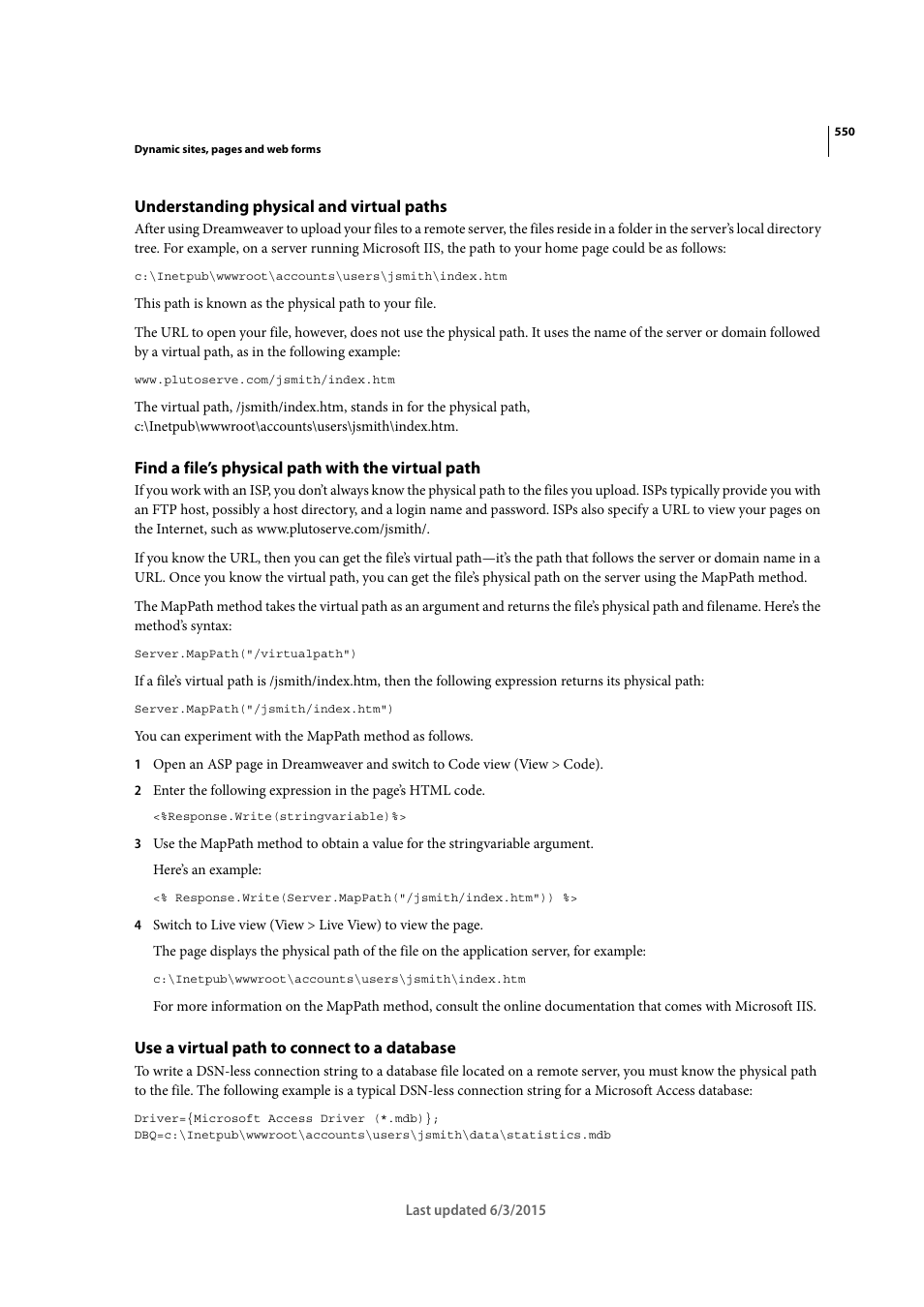 Understanding physical and virtual paths, Find a file’s physical path with the virtual path, Use a virtual path to connect to a database | Adobe Dreamweaver CC 2015 User Manual | Page 557 / 700
