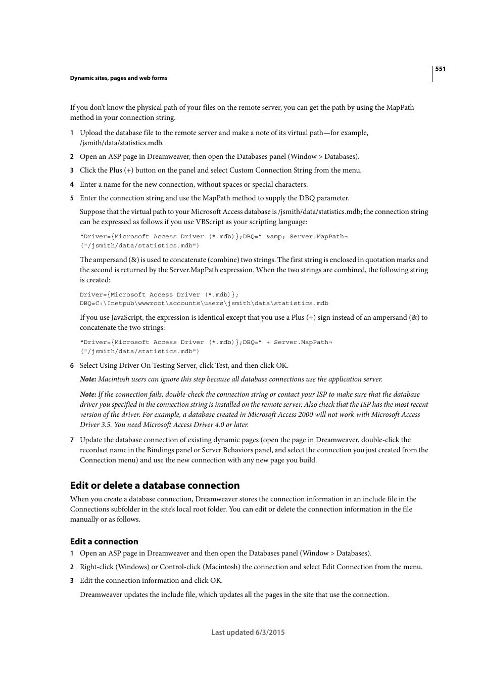 Edit or delete a database connection, Edit a connection | Adobe Dreamweaver CC 2015 User Manual | Page 558 / 700