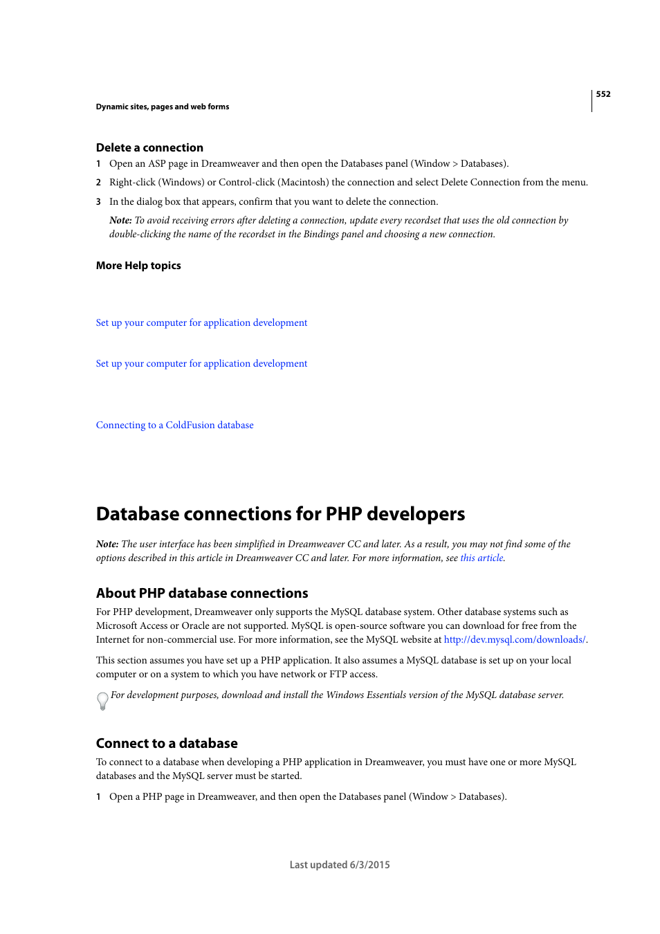 Delete a connection, Database connections for php developers, About php database connections | Connect to a database | Adobe Dreamweaver CC 2015 User Manual | Page 559 / 700