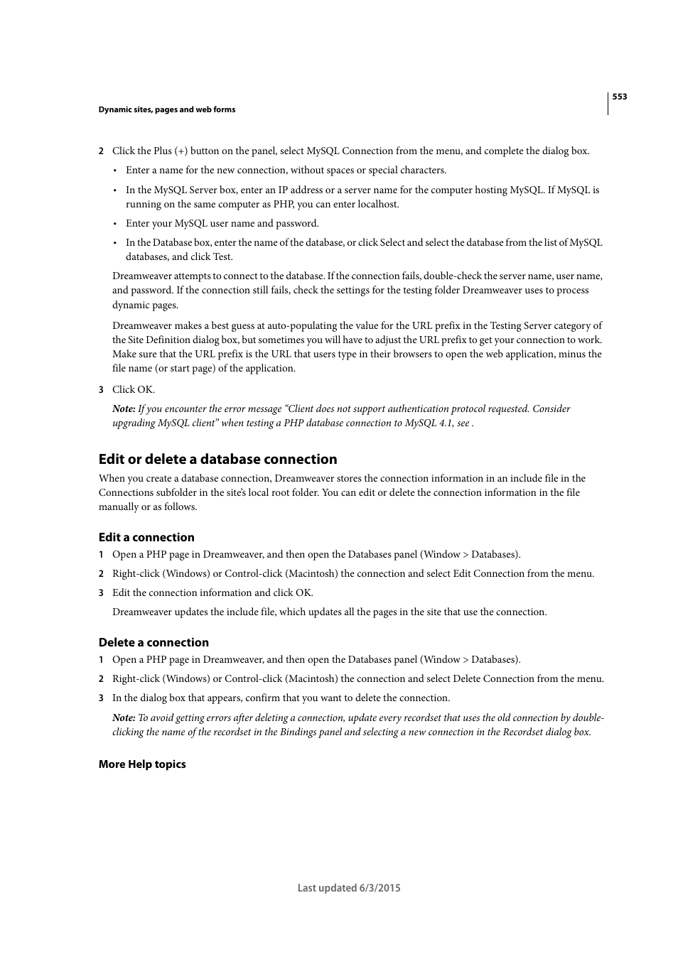 Edit or delete a database connection, Edit a connection, Delete a connection | Adobe Dreamweaver CC 2015 User Manual | Page 560 / 700