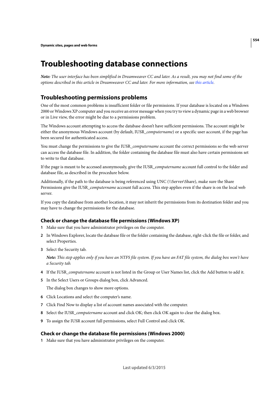 Troubleshooting database connections, Troubleshooting permissions problems | Adobe Dreamweaver CC 2015 User Manual | Page 561 / 700