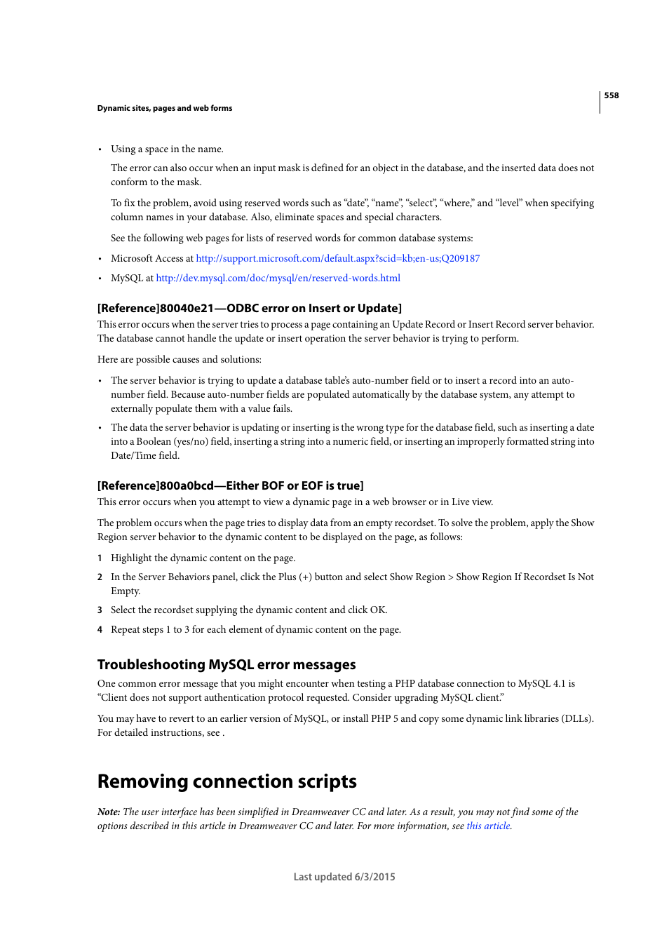 Reference]80040e21—odbc error on insert or update, Reference]800a0bcd—either bof or eof is true, Troubleshooting mysql error messages | Removing connection scripts | Adobe Dreamweaver CC 2015 User Manual | Page 565 / 700