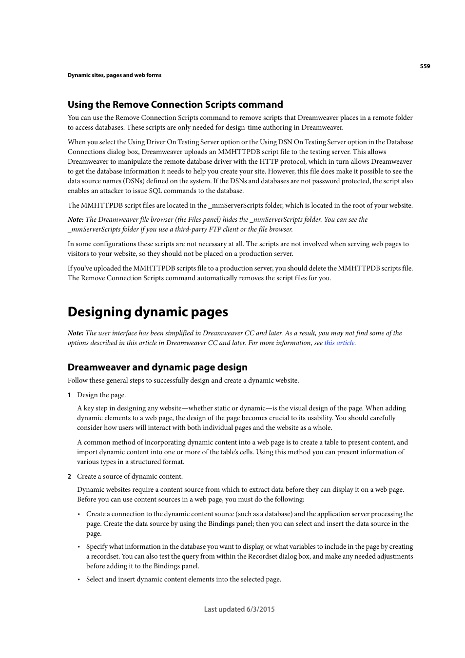 Using the remove connection scripts command, Designing dynamic pages, Dreamweaver and dynamic page design | Adobe Dreamweaver CC 2015 User Manual | Page 566 / 700