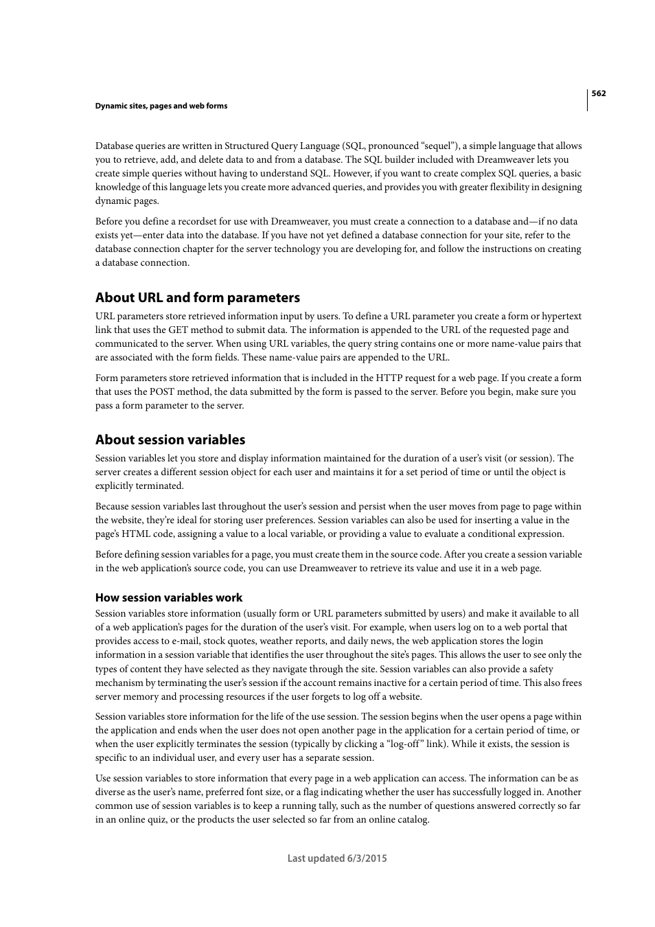About url and form parameters, About session variables, How session variables work | Adobe Dreamweaver CC 2015 User Manual | Page 569 / 700