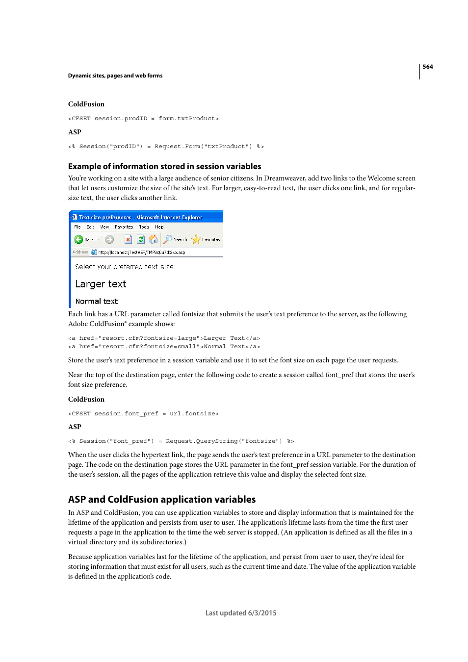 Example of information stored in session variables, Asp and coldfusion application variables | Adobe Dreamweaver CC 2015 User Manual | Page 571 / 700