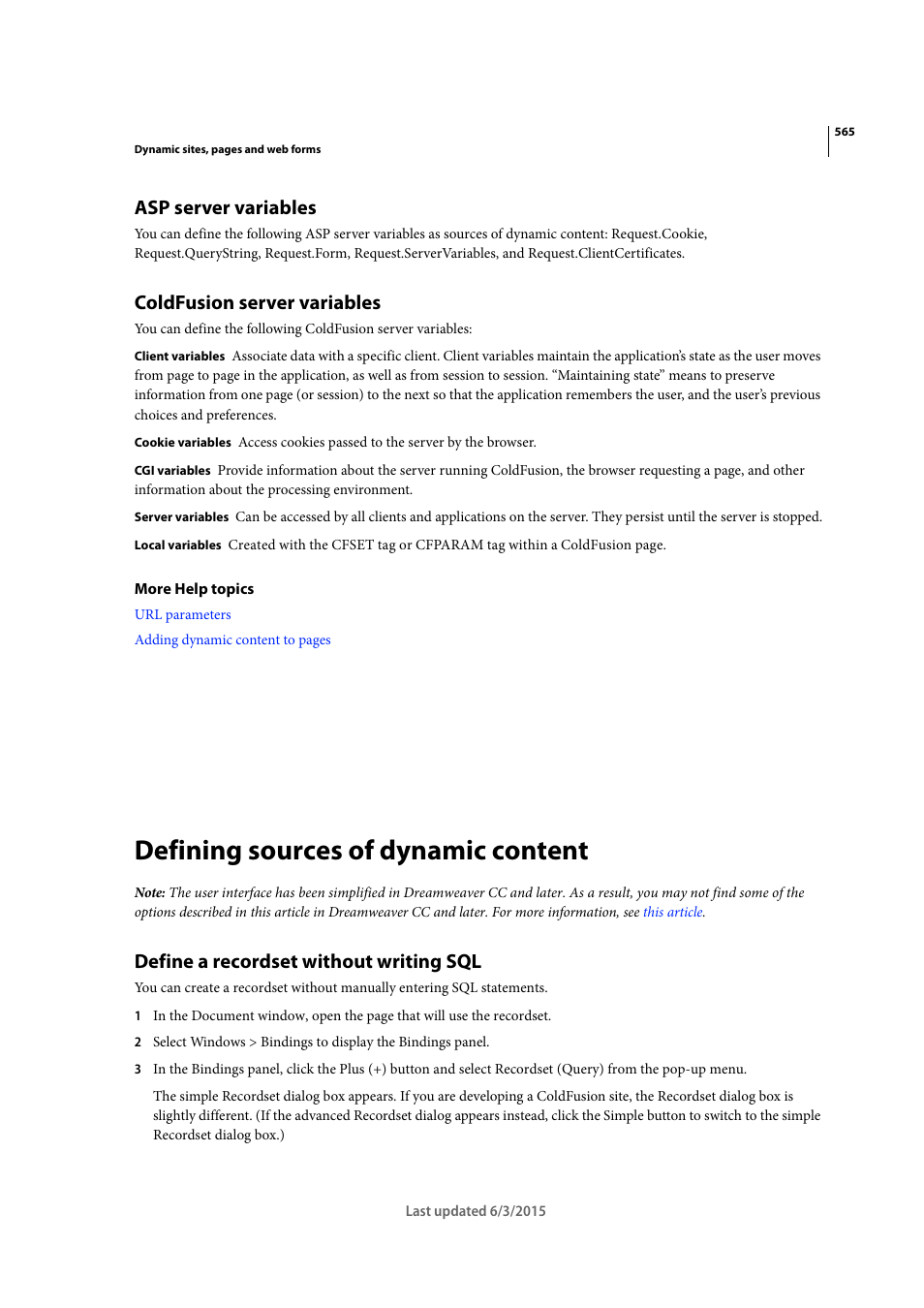 Asp server variables, Coldfusion server variables, Defining sources of dynamic content | Define a recordset without writing sql | Adobe Dreamweaver CC 2015 User Manual | Page 572 / 700