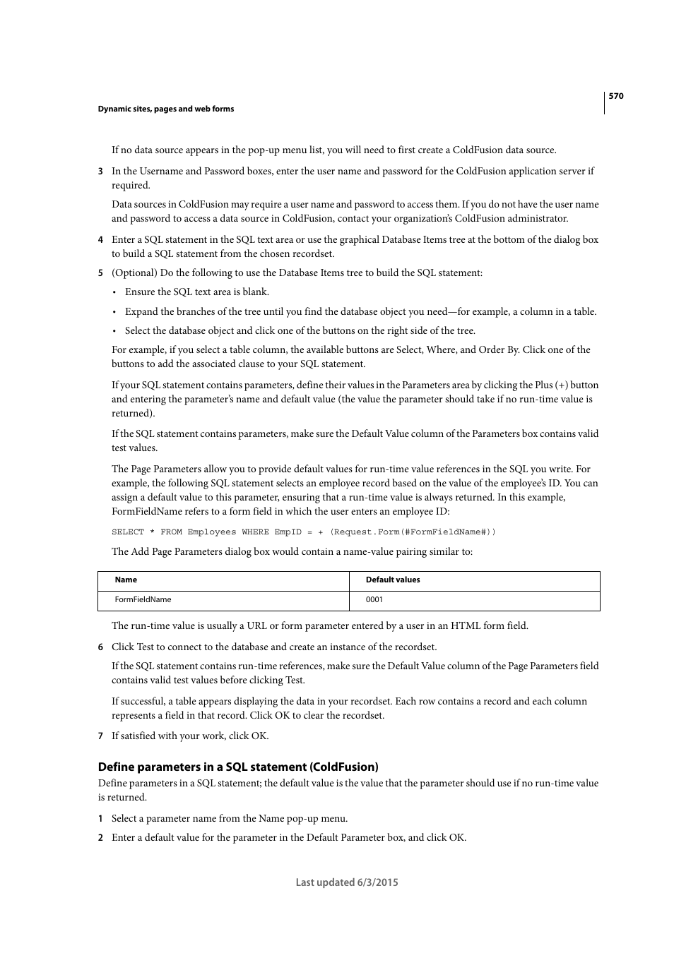 Define parameters in a sql statement (coldfusion) | Adobe Dreamweaver CC 2015 User Manual | Page 577 / 700