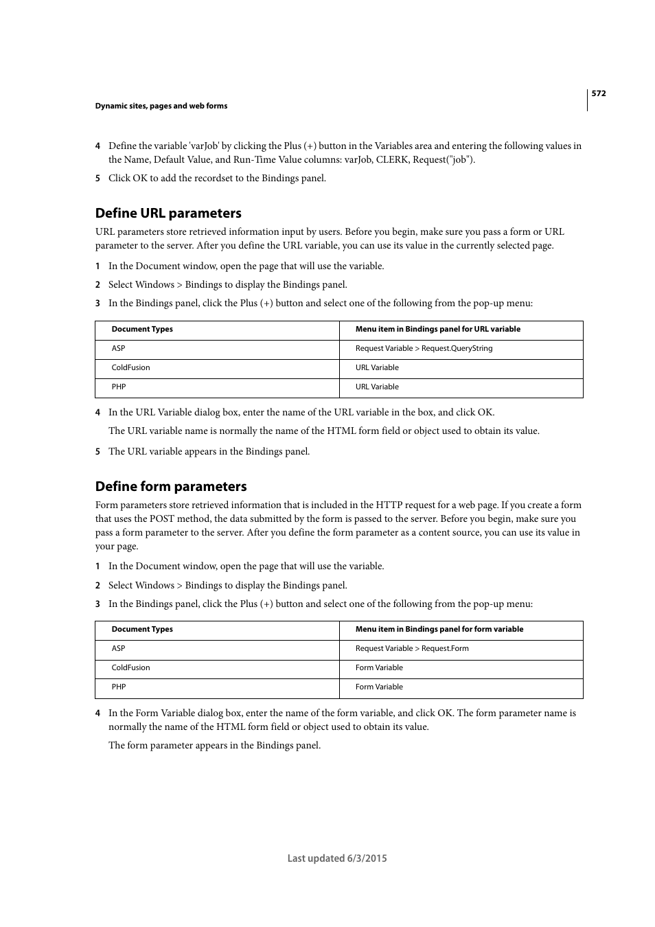 Define url parameters, Define form parameters | Adobe Dreamweaver CC 2015 User Manual | Page 579 / 700