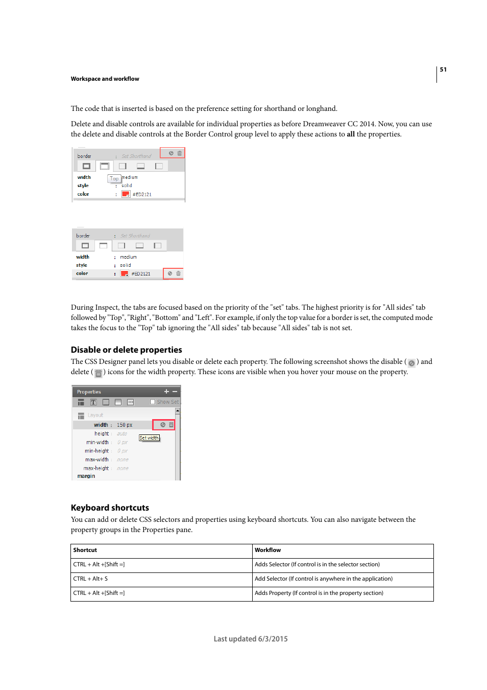 Disable or delete properties, Keyboard shortcuts | Adobe Dreamweaver CC 2015 User Manual | Page 58 / 700