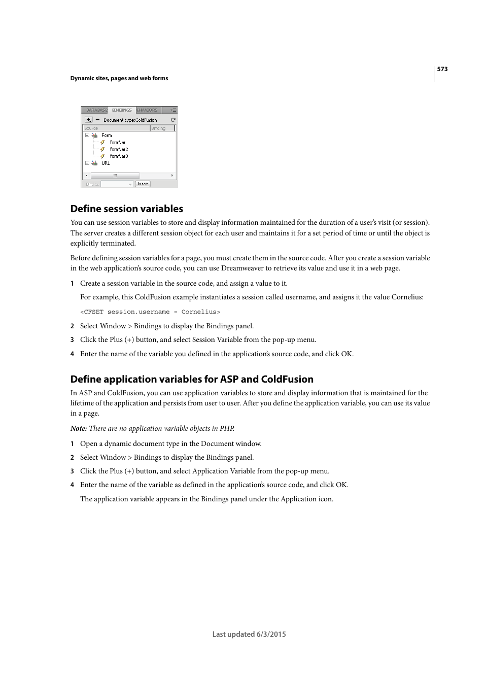 Define session variables | Adobe Dreamweaver CC 2015 User Manual | Page 580 / 700