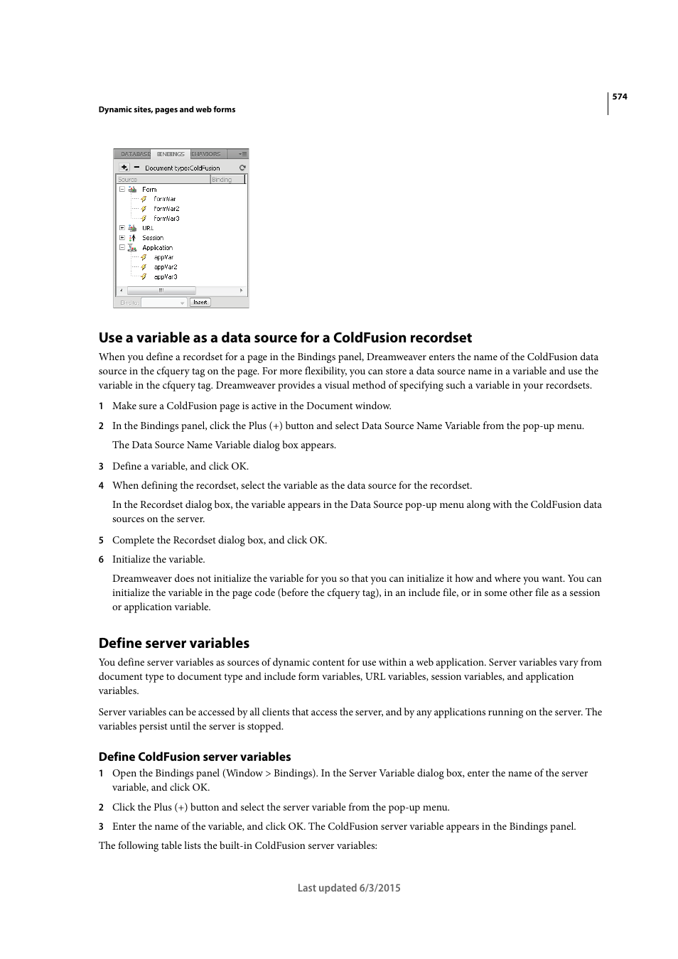 Define server variables, Define coldfusion server variables | Adobe Dreamweaver CC 2015 User Manual | Page 581 / 700