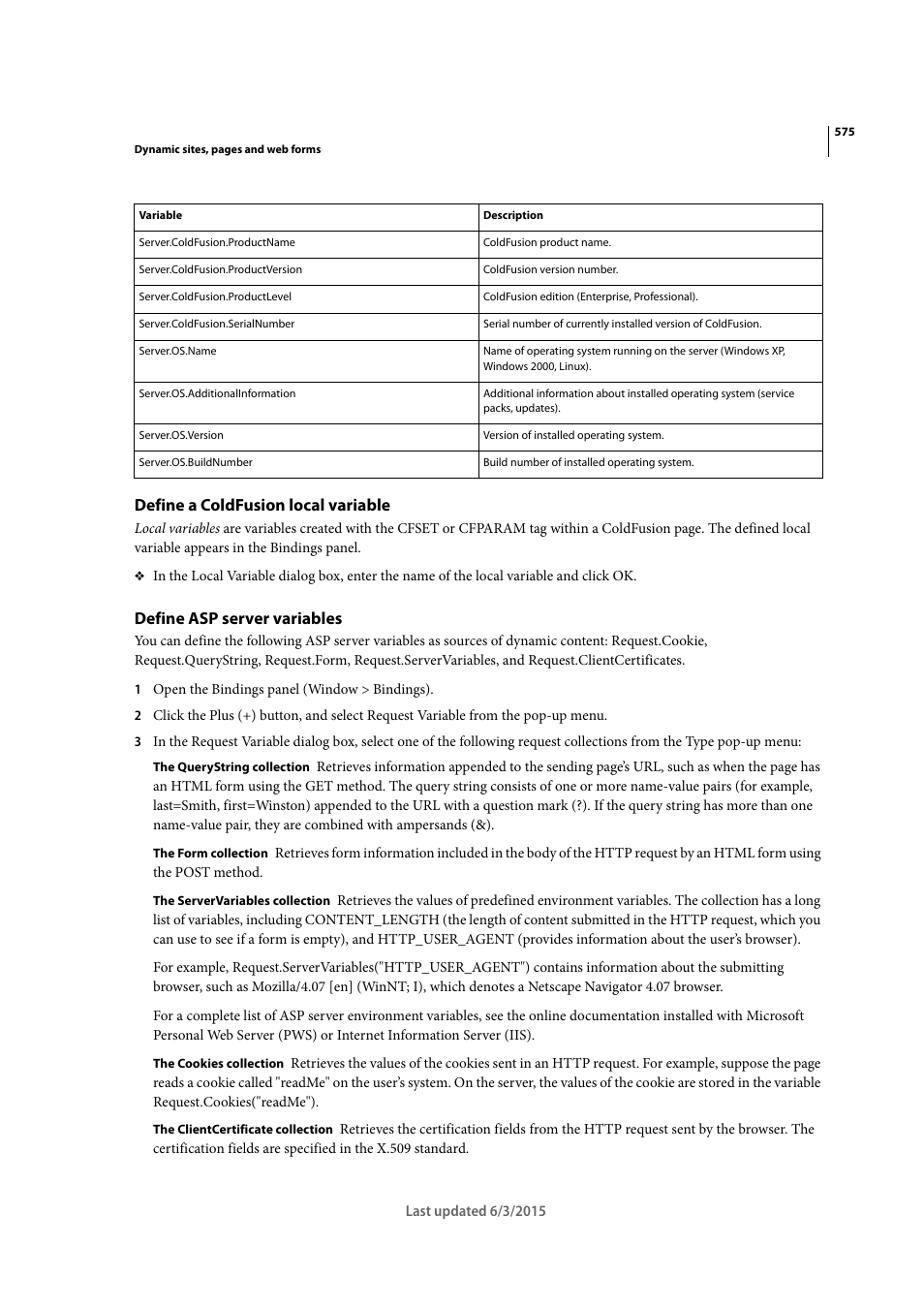 Define a coldfusion local variable, Define asp server variables | Adobe Dreamweaver CC 2015 User Manual | Page 582 / 700