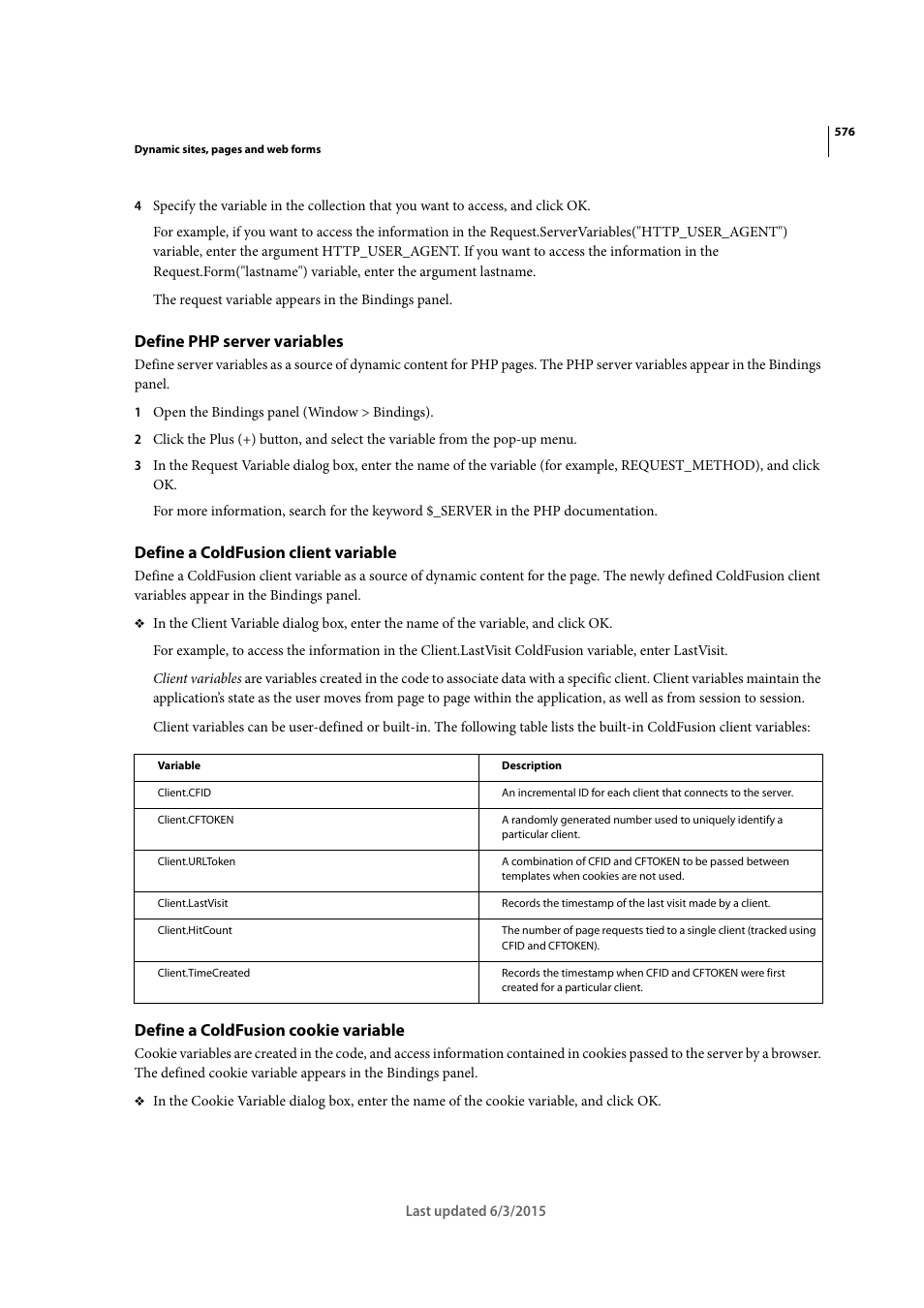 Define php server variables, Define a coldfusion client variable, Define a coldfusion cookie variable | Adobe Dreamweaver CC 2015 User Manual | Page 583 / 700