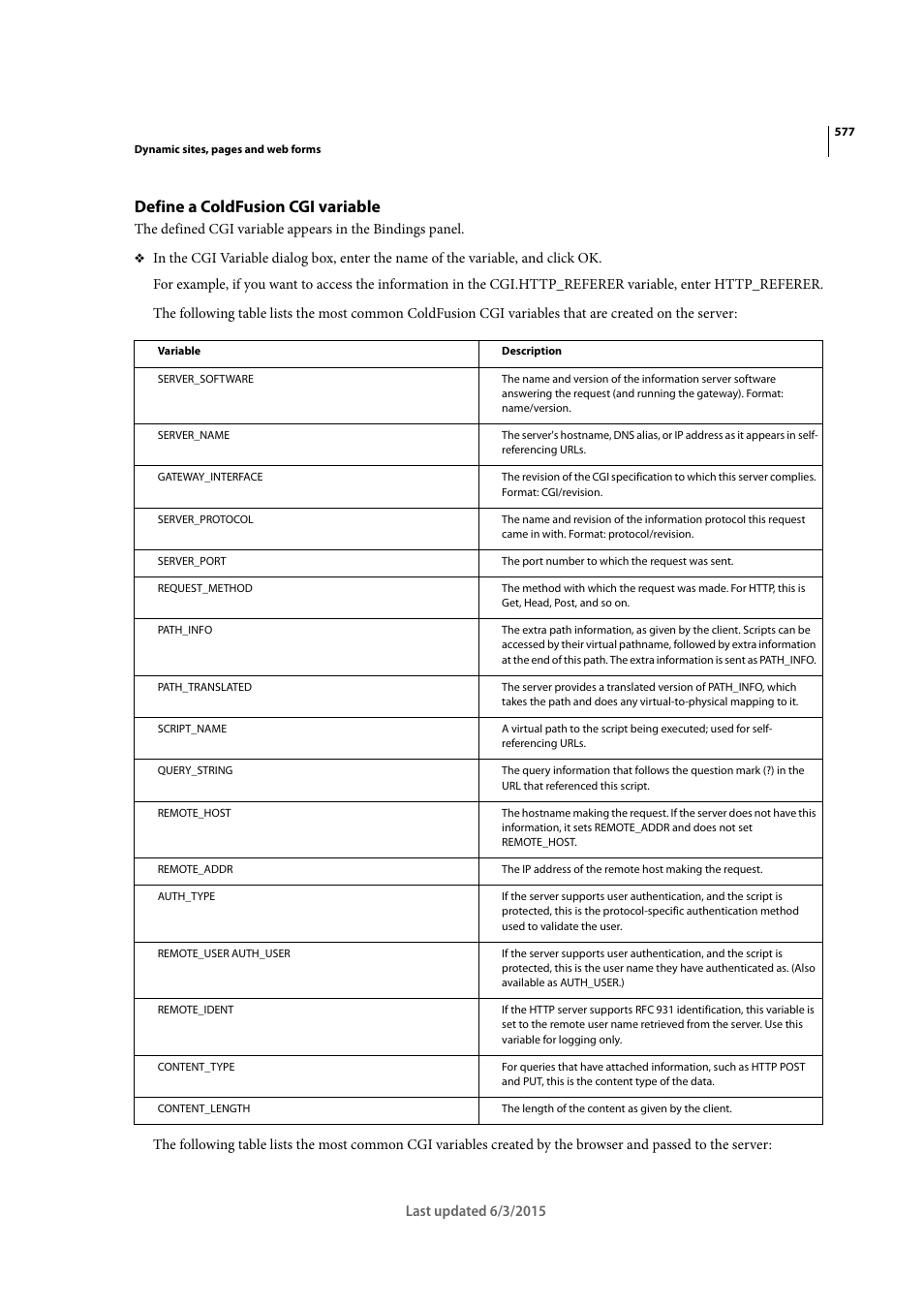 Define a coldfusion cgi variable | Adobe Dreamweaver CC 2015 User Manual | Page 584 / 700