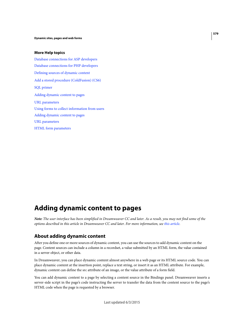 About adding dynamic content, Adding dynamic content to pages | Adobe Dreamweaver CC 2015 User Manual | Page 586 / 700