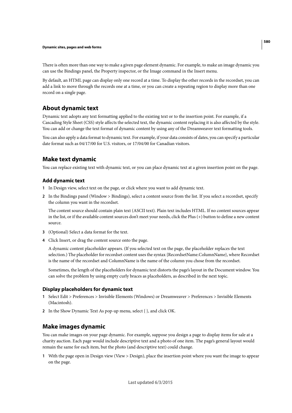 About dynamic text, Make text dynamic, Add dynamic text | Display placeholders for dynamic text, Make images dynamic | Adobe Dreamweaver CC 2015 User Manual | Page 587 / 700