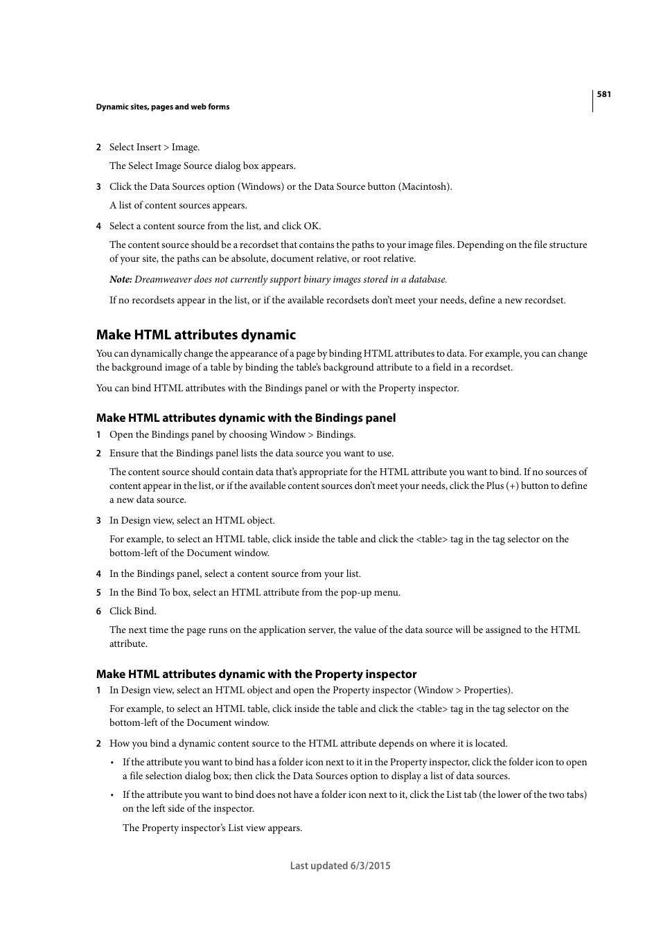 Make html attributes dynamic | Adobe Dreamweaver CC 2015 User Manual | Page 588 / 700