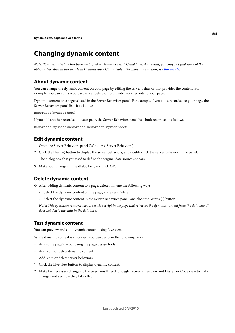 Changing dynamic content, About dynamic content, Edit dynamic content | Delete dynamic content, Test dynamic content | Adobe Dreamweaver CC 2015 User Manual | Page 590 / 700