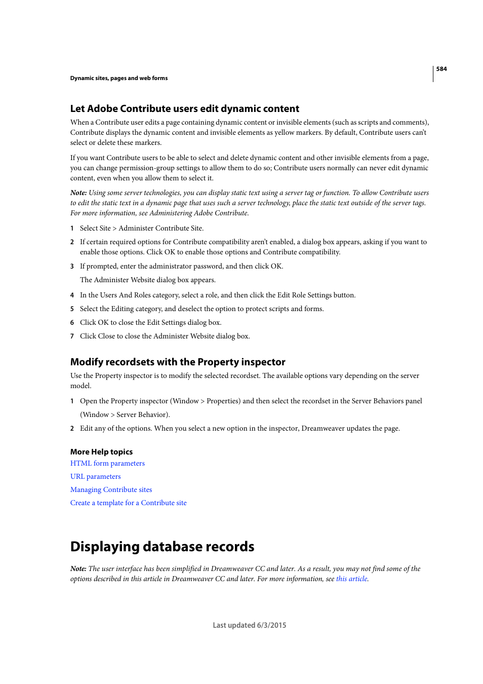 Let adobe contribute users edit dynamic content, Modify recordsets with the property inspector, Displaying database records | Adobe Dreamweaver CC 2015 User Manual | Page 591 / 700