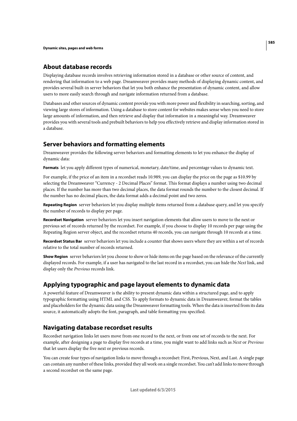 About database records, Server behaviors and formatting elements, Navigating database recordset results | Adobe Dreamweaver CC 2015 User Manual | Page 592 / 700