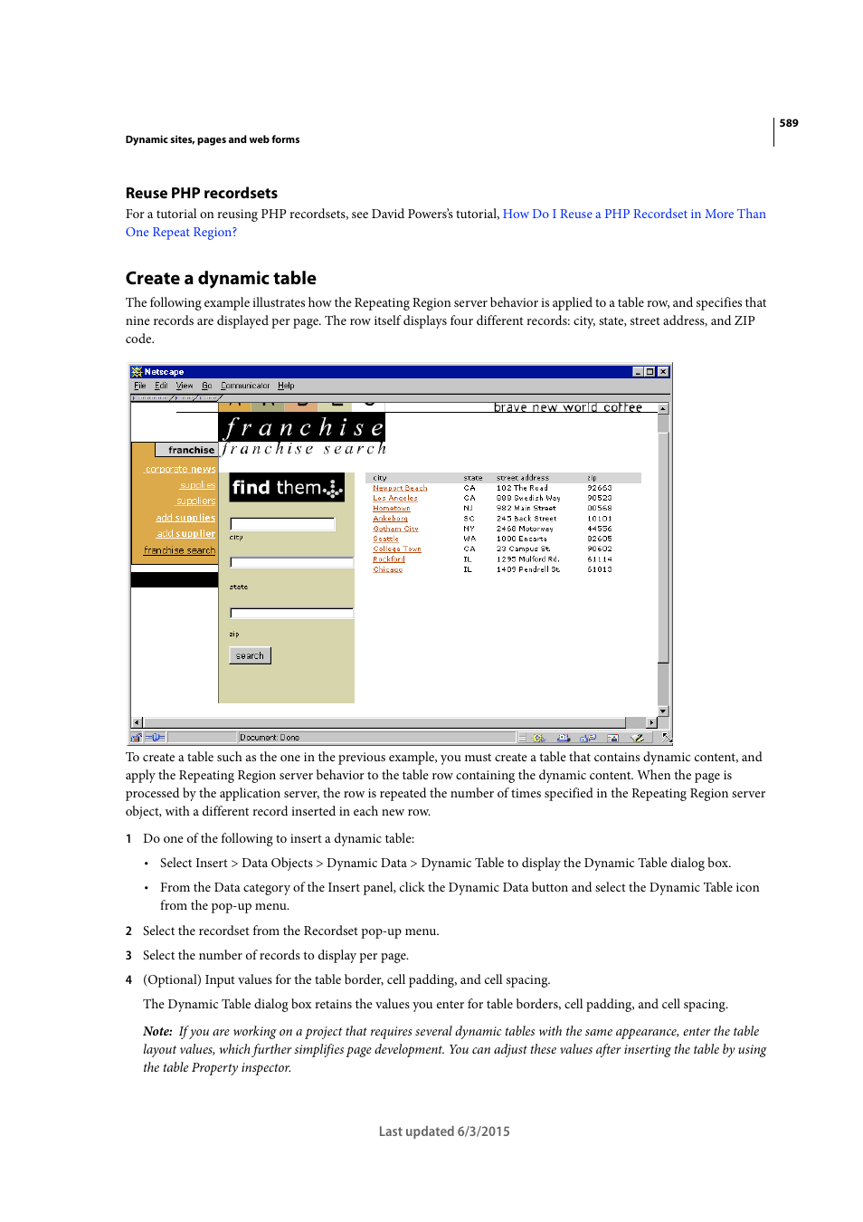 Reuse php recordsets, Create a dynamic table | Adobe Dreamweaver CC 2015 User Manual | Page 596 / 700