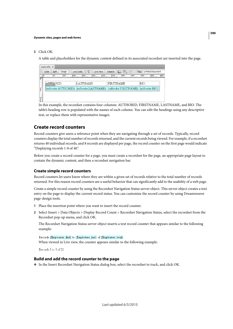 Create record counters, Create simple record counters | Adobe Dreamweaver CC 2015 User Manual | Page 597 / 700
