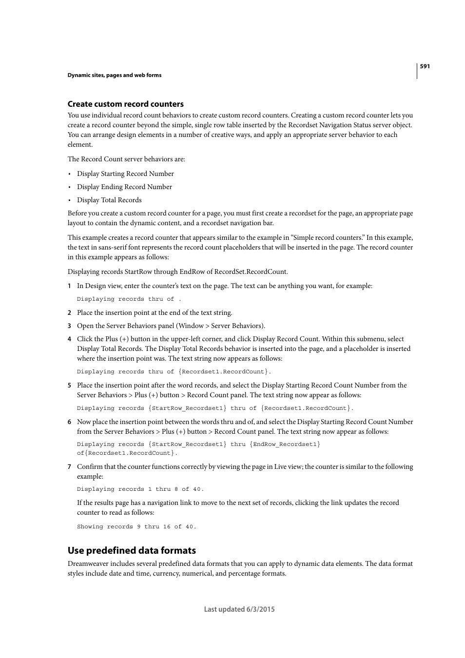 Create custom record counters, Use predefined data formats | Adobe Dreamweaver CC 2015 User Manual | Page 598 / 700