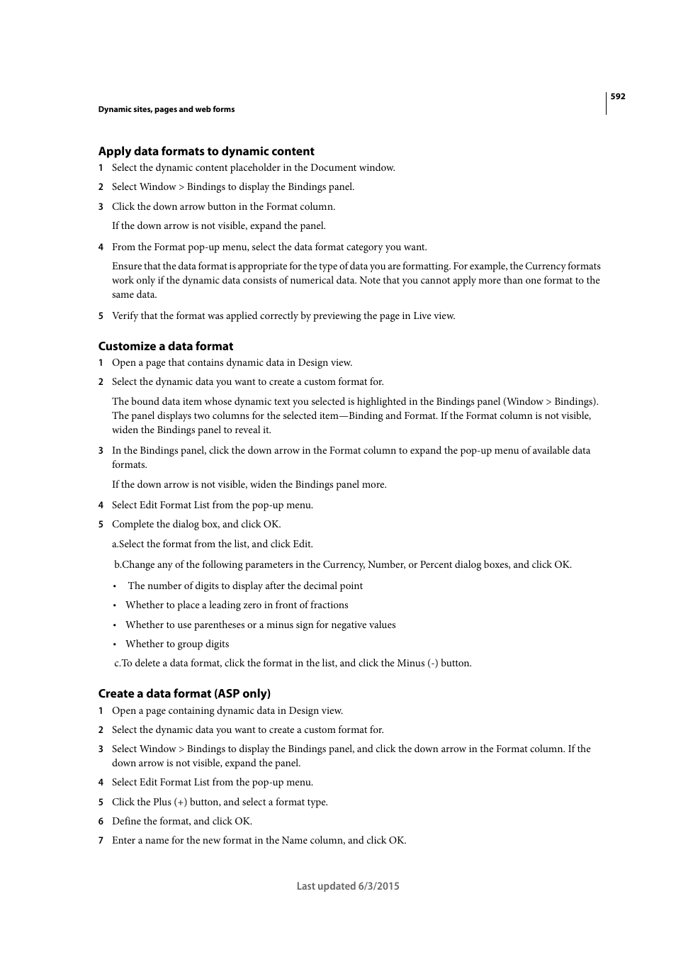 Apply data formats to dynamic content, Customize a data format, Create a data format (asp only) | Adobe Dreamweaver CC 2015 User Manual | Page 599 / 700