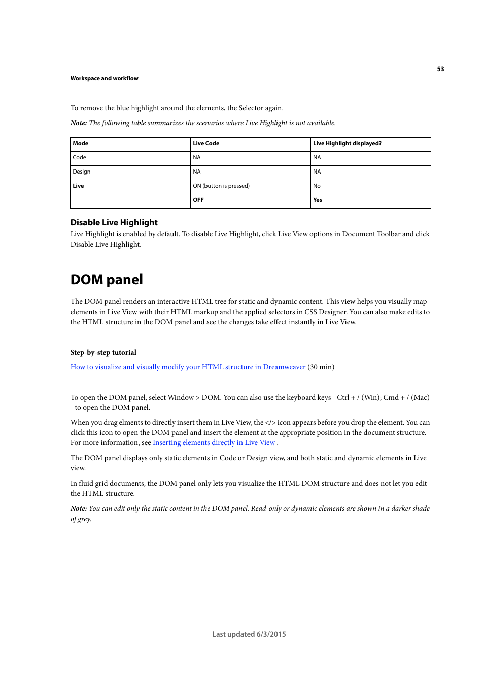 Disable live highlight, Dom panel | Adobe Dreamweaver CC 2015 User Manual | Page 60 / 700