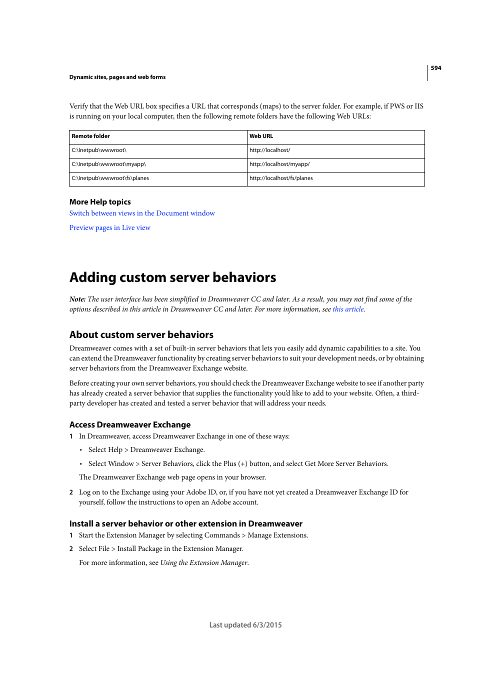 Adding custom server behaviors, About custom server behaviors, Access dreamweaver exchange | Adobe Dreamweaver CC 2015 User Manual | Page 601 / 700