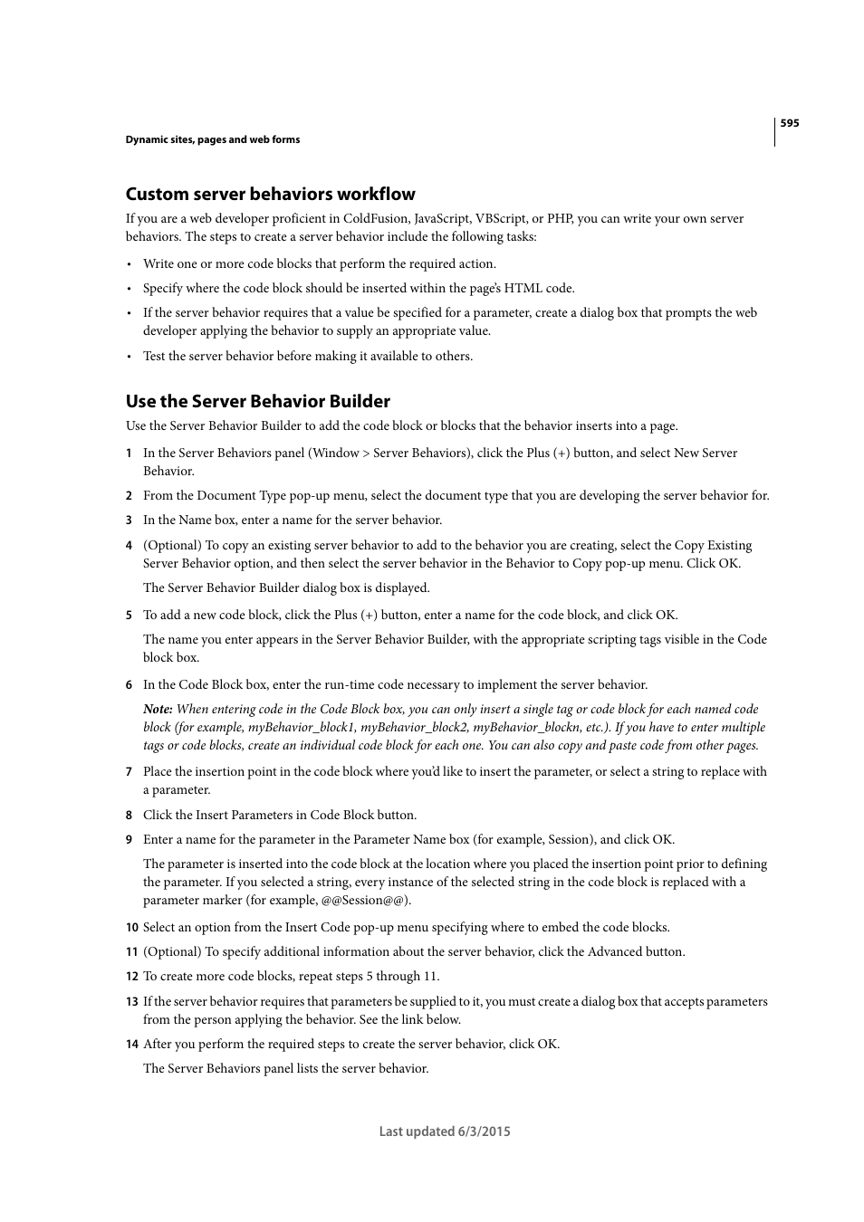 Custom server behaviors workflow, Use the server behavior builder | Adobe Dreamweaver CC 2015 User Manual | Page 602 / 700