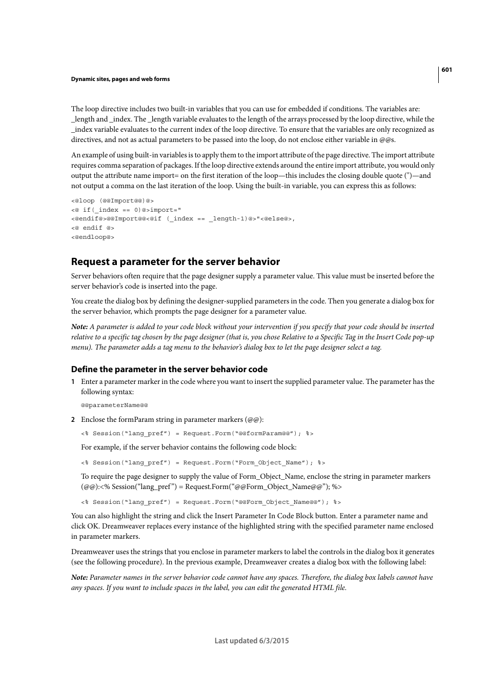 Request a parameter for the server behavior, Define the parameter in the server behavior code | Adobe Dreamweaver CC 2015 User Manual | Page 608 / 700