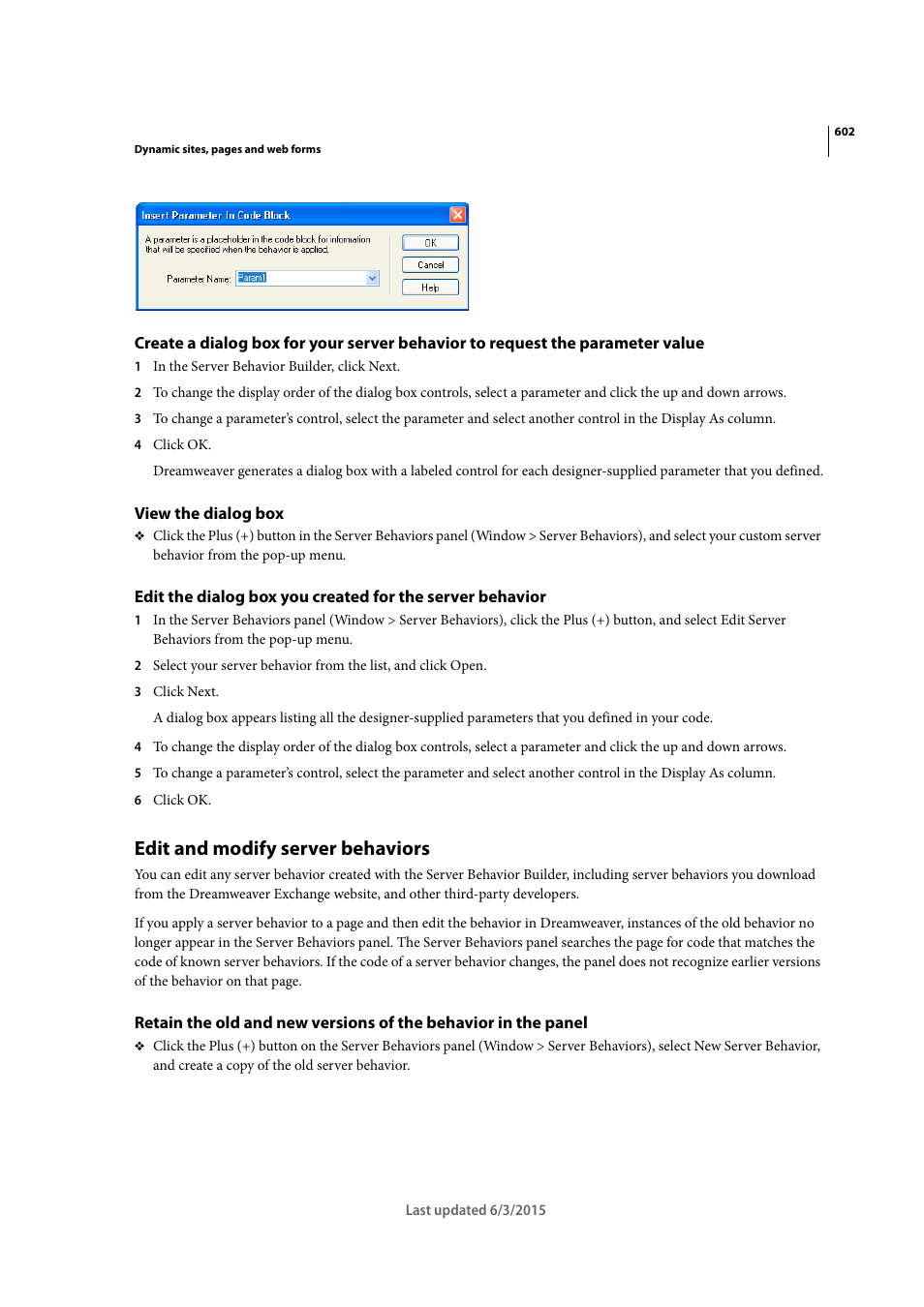 View the dialog box, Edit and modify server behaviors | Adobe Dreamweaver CC 2015 User Manual | Page 609 / 700