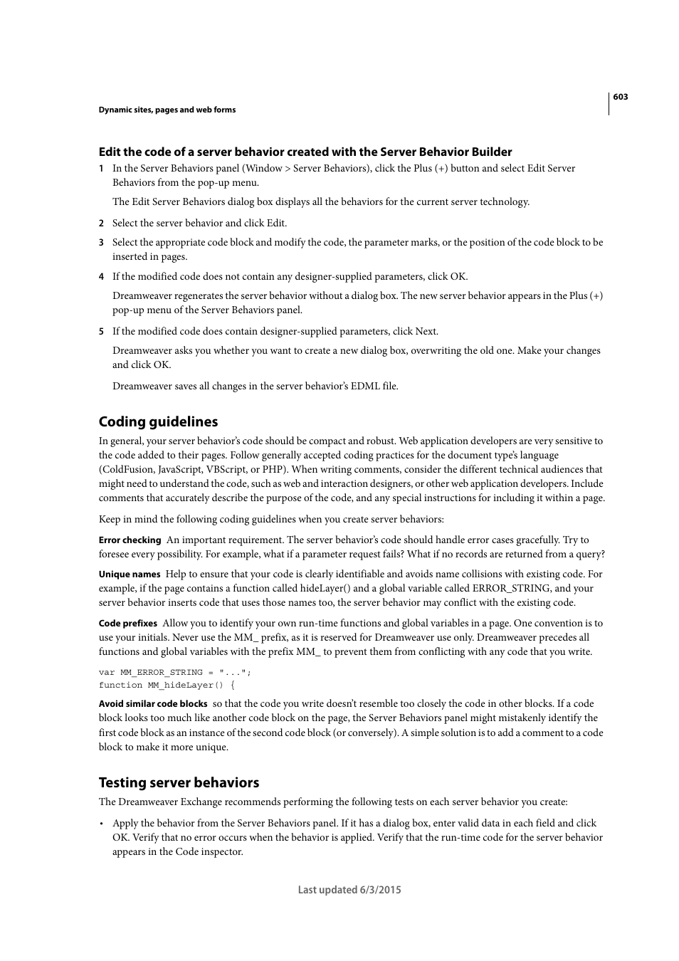 Coding guidelines, Testing server behaviors | Adobe Dreamweaver CC 2015 User Manual | Page 610 / 700