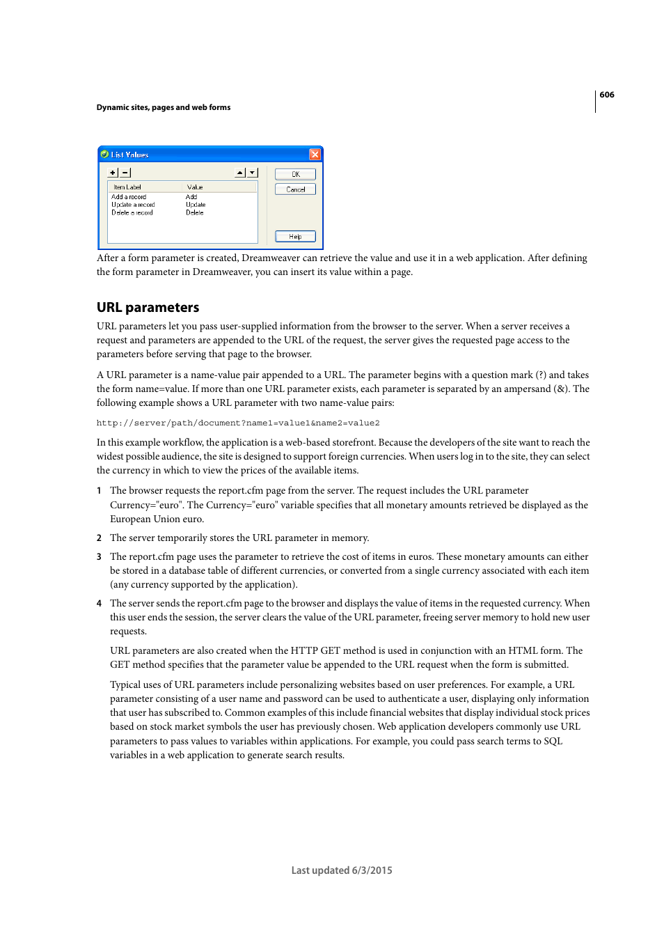 Url parameters | Adobe Dreamweaver CC 2015 User Manual | Page 613 / 700