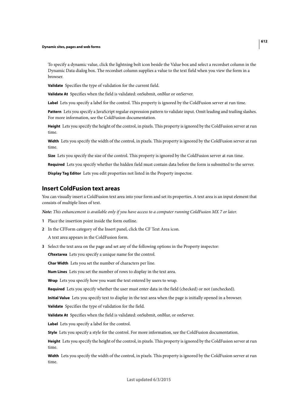 Insert coldfusion text areas | Adobe Dreamweaver CC 2015 User Manual | Page 619 / 700