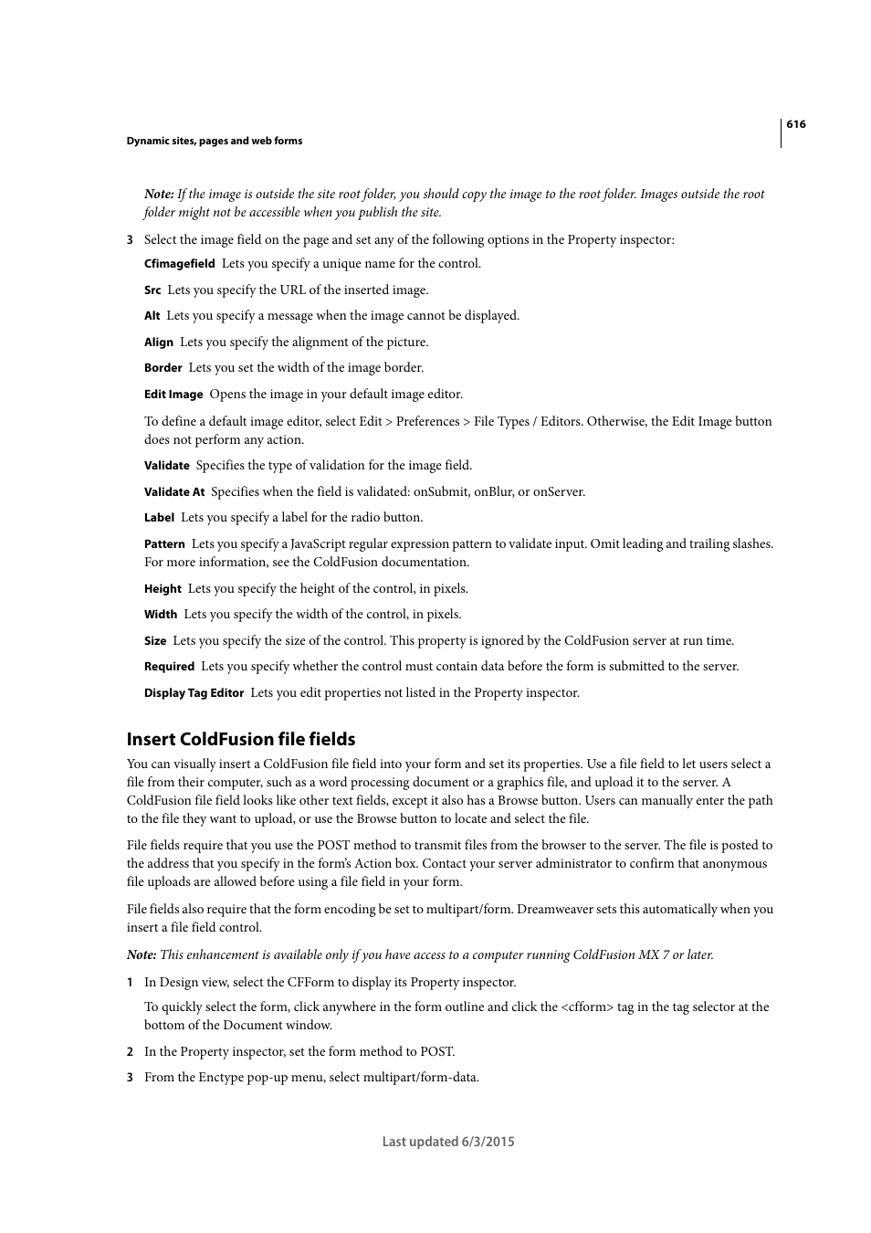 Insert coldfusion file fields | Adobe Dreamweaver CC 2015 User Manual | Page 623 / 700