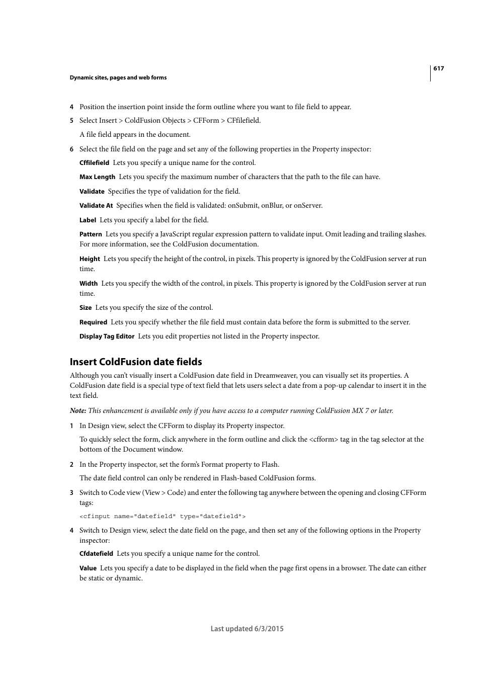 Insert coldfusion date fields | Adobe Dreamweaver CC 2015 User Manual | Page 624 / 700
