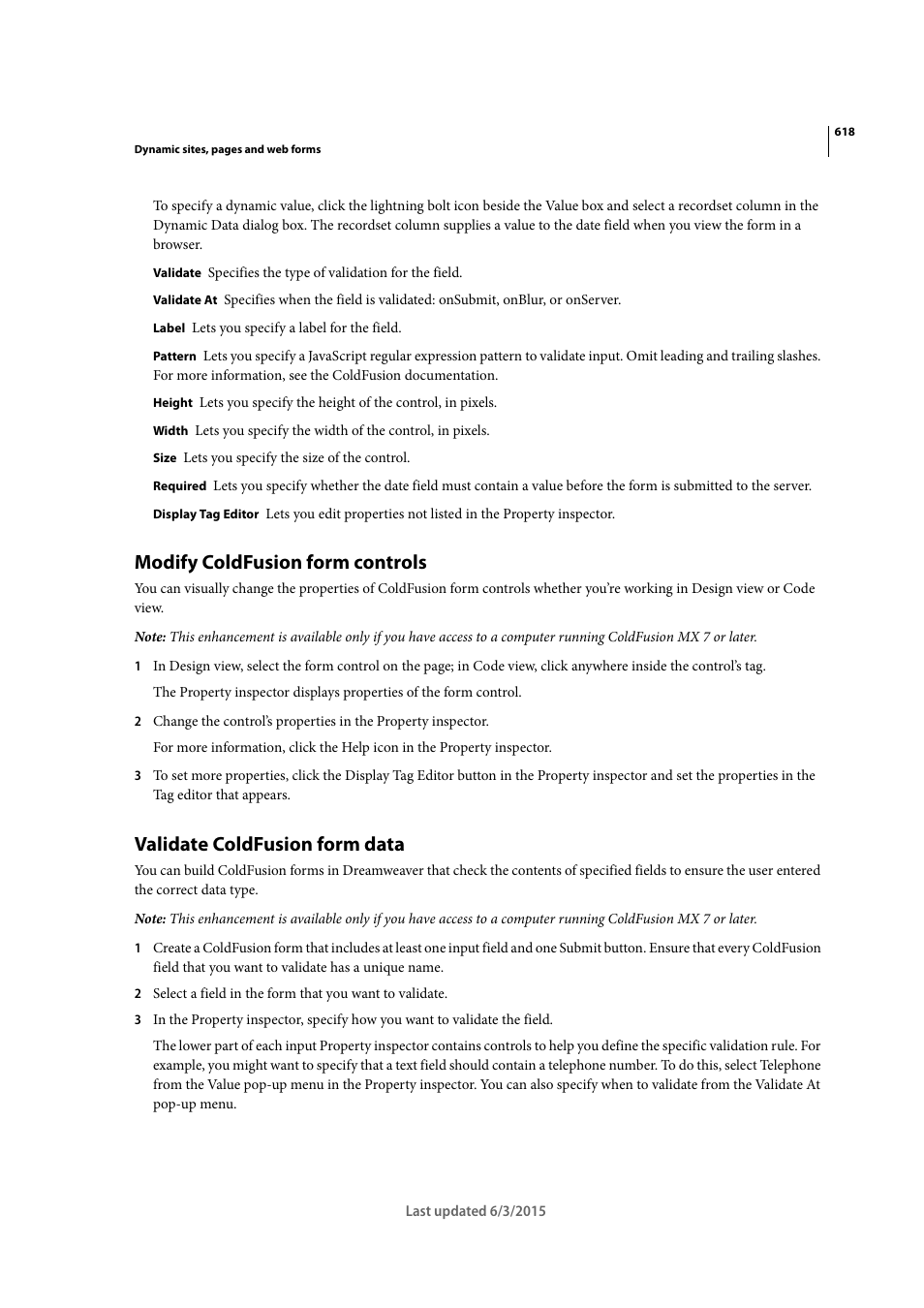 Modify coldfusion form controls, Validate coldfusion form data | Adobe Dreamweaver CC 2015 User Manual | Page 625 / 700