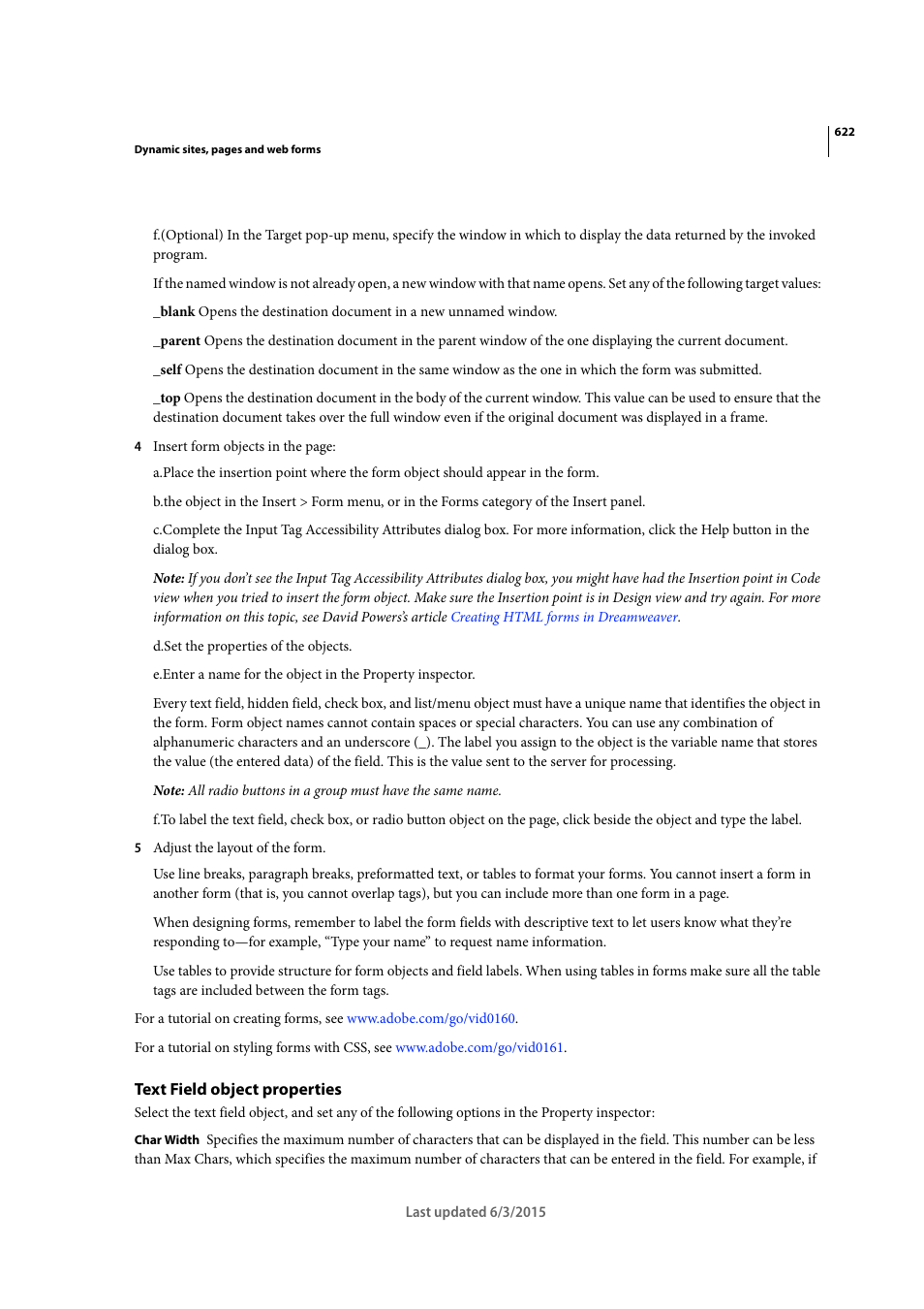 Text field object properties | Adobe Dreamweaver CC 2015 User Manual | Page 629 / 700