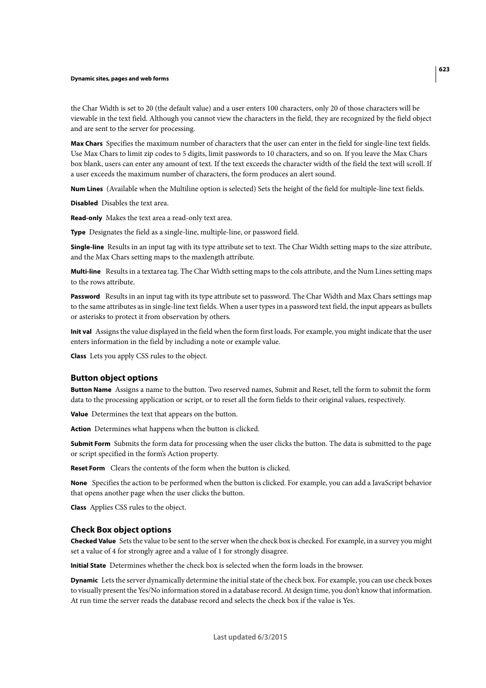 Button object options, Check box object options | Adobe Dreamweaver CC 2015 User Manual | Page 630 / 700