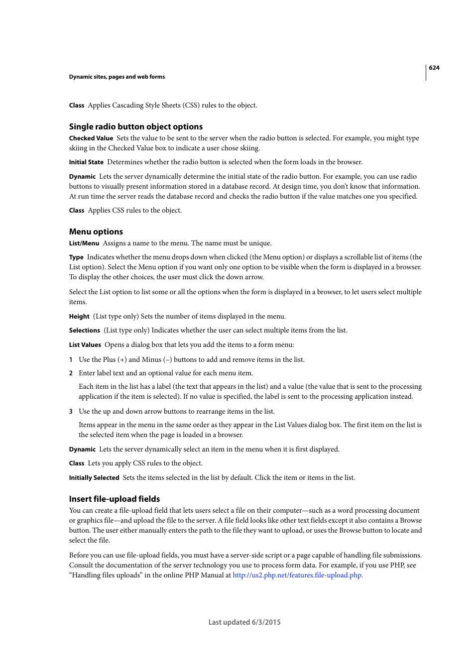 Single radio button object options, Menu options, Insert file-upload fields | Adobe Dreamweaver CC 2015 User Manual | Page 631 / 700
