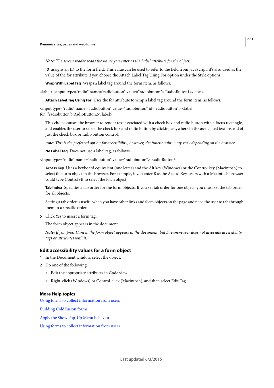 Edit accessibility values for a form object | Adobe Dreamweaver CC 2015 User Manual | Page 638 / 700