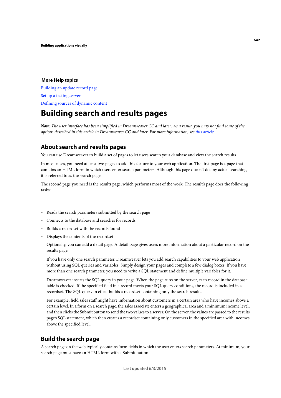 Building search and results pages, About search and results pages, Build the search page | Adobe Dreamweaver CC 2015 User Manual | Page 649 / 700