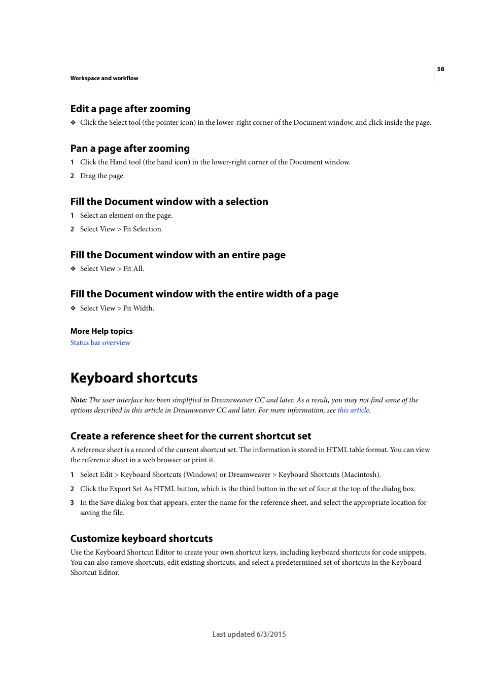 Fill the document window with a selection, Keyboard shortcuts, Customize keyboard shortcuts | Edit a page after zooming, Pan a page after zooming, Fill the document window with an entire page | Adobe Dreamweaver CC 2015 User Manual | Page 65 / 700