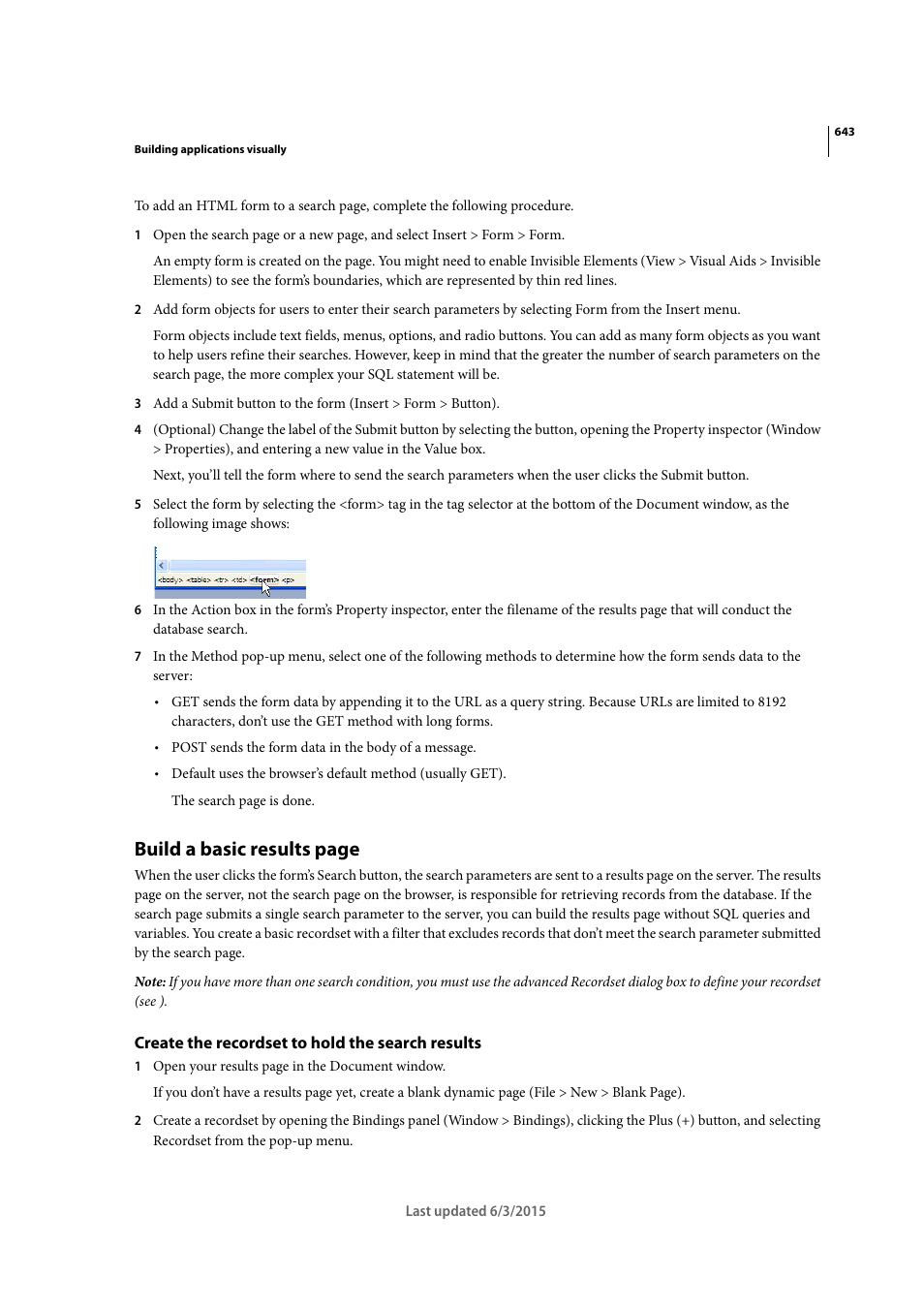 Create the recordset to hold the search results, Build a basic results page | Adobe Dreamweaver CC 2015 User Manual | Page 650 / 700