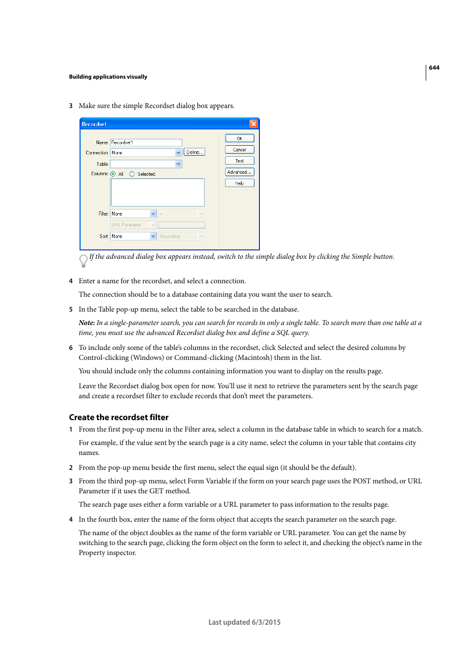 Create the recordset filter | Adobe Dreamweaver CC 2015 User Manual | Page 651 / 700