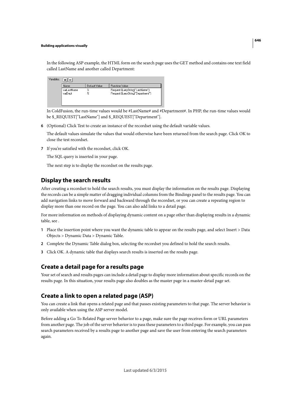 Display the search results, Create a detail page for a results page, Create a link to open a related page (asp) | Adobe Dreamweaver CC 2015 User Manual | Page 653 / 700